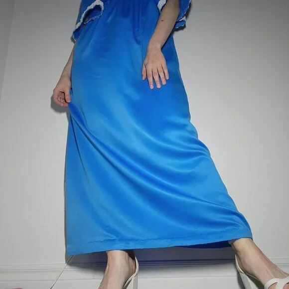 Vintage 70s Gunne Sax style cottagecore big sleeved blue babydoll maxi dress - Picture 5 of 7